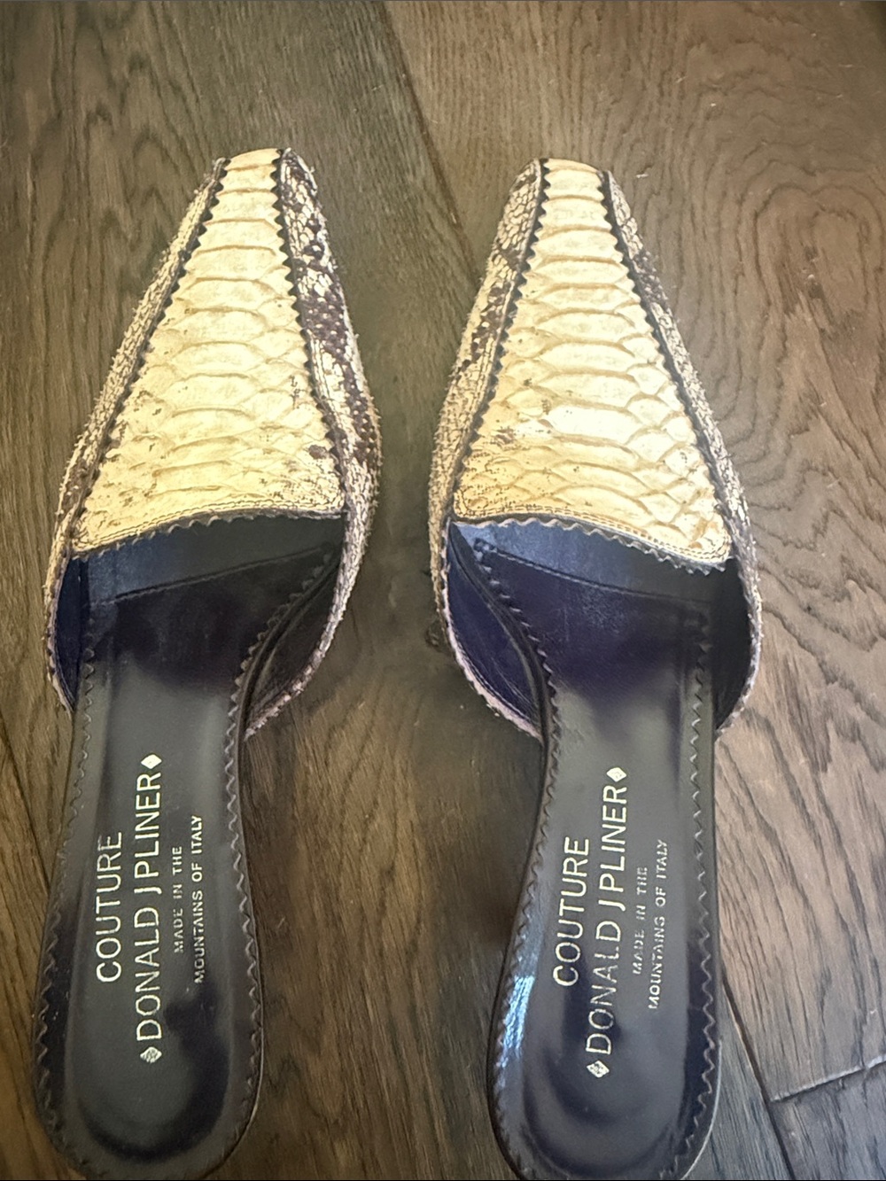 Donald J. Pliner Beige Snake-Embossed Pointed Slip-On Mules